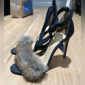 Alexandre Birman denim and rabbit fur heels sz 37.5